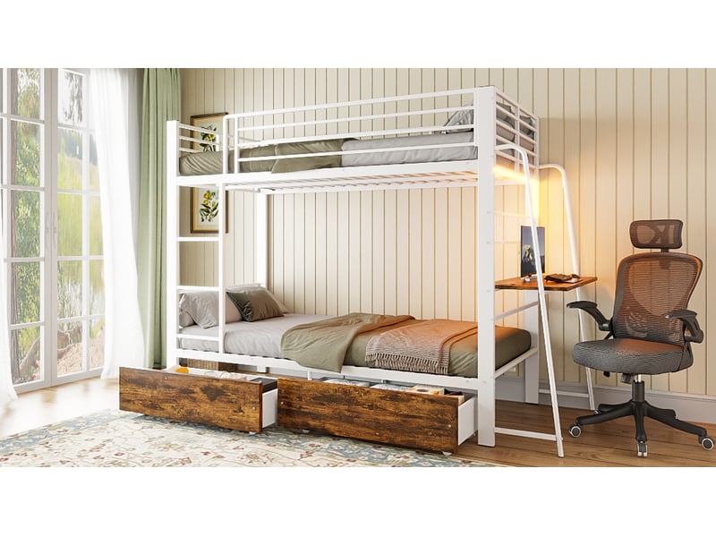  Lit superposé 90 × 200 cm avec bureau, led, tiroirs et échelle, matelas non précisé, blanc et bois foncé  - Conforama D