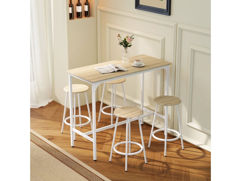  Ensemble de salle à manger 5 pièces avec comptoir de bar de 110 x 50 x 89,5 cm et tabourets de ø 30 x 60,5 cm en bois et métal couleur bois  - Conforama D