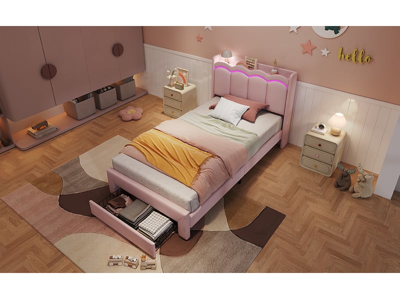  Lit enfant rembourré 90 × 200 cm, tiroir en pied, tête ondulée avec tablette et led commandées par application, rose  - Conforama B