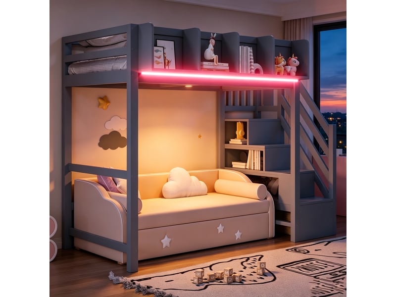  Lit mezzanine 90x200 cm avec rangement intégré et led - lit enfant avec sommier à lattes et barrières de sécurité - bois gris  - Conforama E