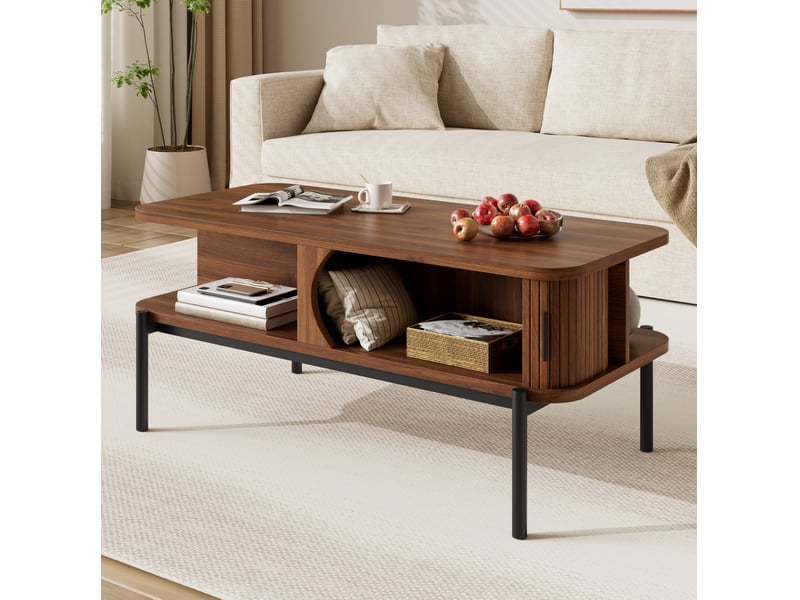  Table basse fixe avec 2 portes coulissantes, 2 niches et rangement fermé moderne en mdf noyer 100 × 45 × 43 cm  - Conforama B