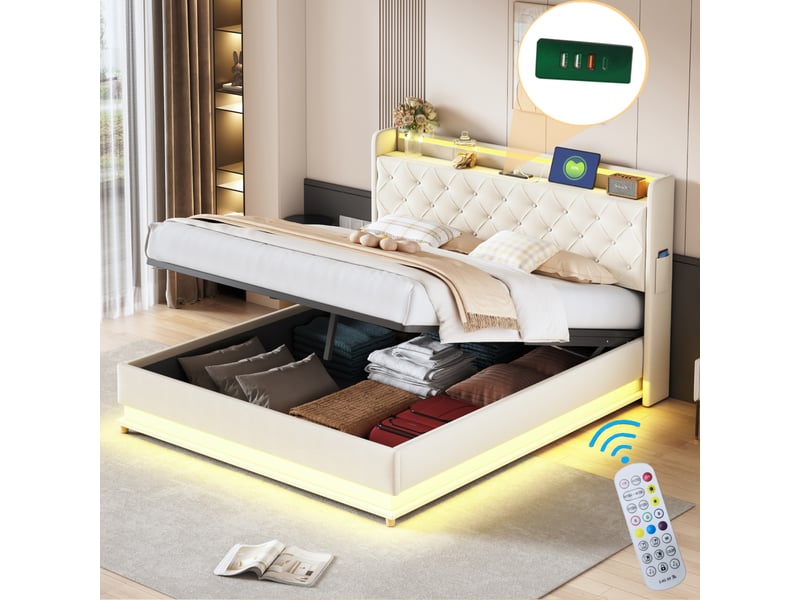 Lit adulte capitonné 160 x 200 cm,lit coffre avec led, port de chargement usb et rangement hydraulique, tissu lin doux pour la peau beige lit adulte beige - Conforama B