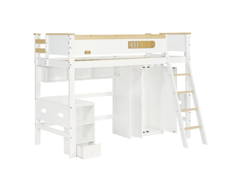 Lit mezzanine enfant 90x200 cm avec grille antichute, échelle, table et armoire, en bois, blanc, sans matelas - Conforama E