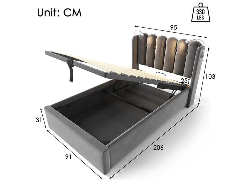  Lit coffre tcqpz 90 x 200 cm gris en velours avec liseuse, usb et rangement  - Conforama C