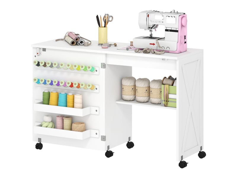  Table de couture pliable mobile 2 bacs 18 porte-bobines étagère blanc  - Conforama E
