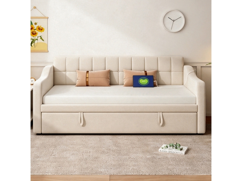  Lit gigogne 90x190 cm en velours beige avec ports usb et poches de rangement, extensible, sans matelas  - Conforama E