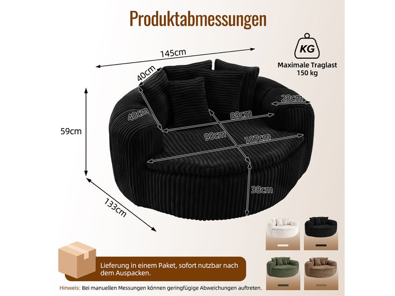  Fauteuil 145x133x59 cm 5 coussins velours côtelé noir  - Conforama E