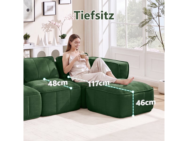 Canapé modulable, canapé 4 places, en tissu, vert, avec pouf, pour salon, mobilier pour espace de vie, adapté à l'espace de vie - Conforama W