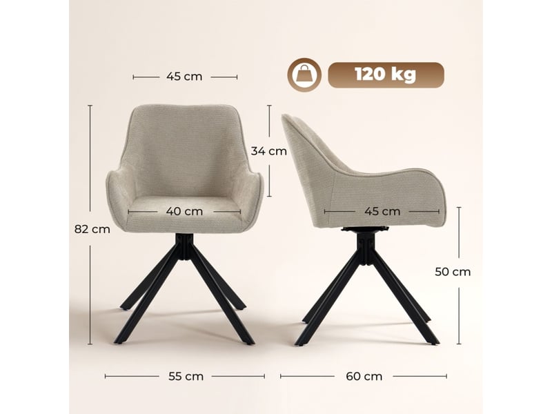  Fauteuil de salle à manger pivotant 2 pièces accoudoirs cadre métal coloris beige  - Conforama C