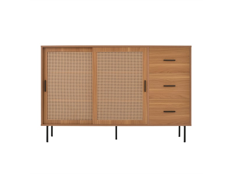  Buffet avec 2 portes coulissantes et 3 tiroirs, meuble de rangement en panneau de particules couleur naturel, idéal pour salon et salle à manger  - Conforama A