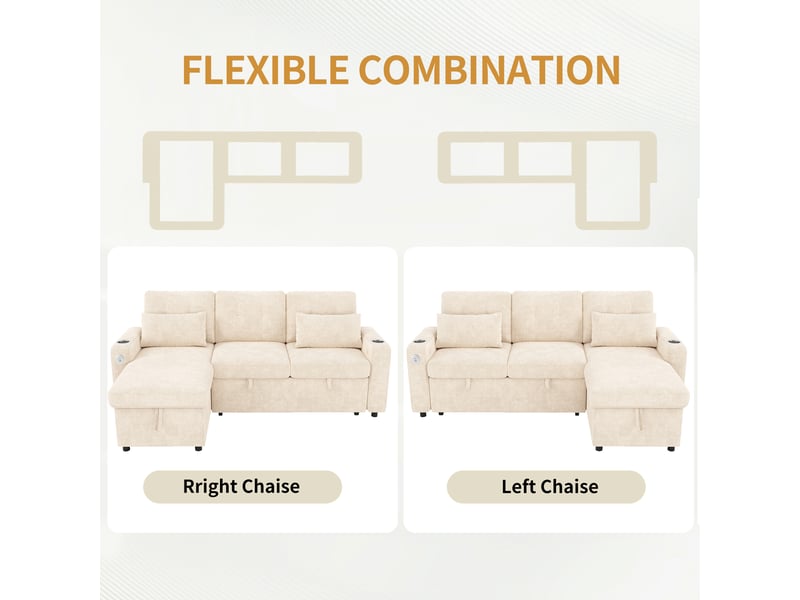  Canapé d'angle convertible 3 places en tissu chenille beige, méridienne réversible, led, usbusb-c, 206×131×85 cm  - Conforama E