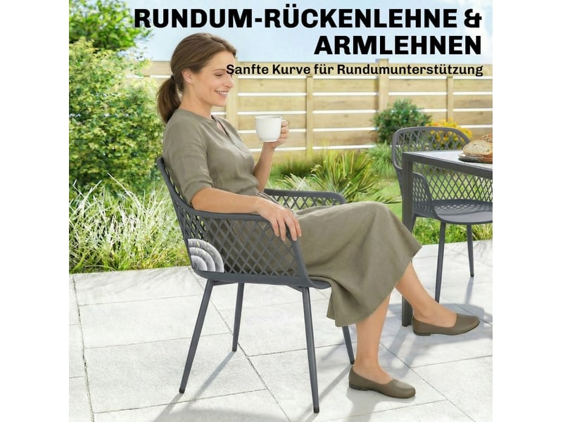  Lot de 4 chaises de jardin 56x51x84 cm résistantes aux uv avec accoudoirs et dossier, métal, gris foncé  - Conforama E