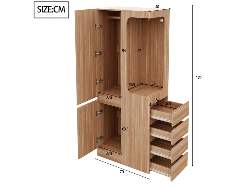  Armoire de rangement 70 x 40 x 170 cm, avec tiroirs et espaces de rangement, zone de suspension ouverte, une porte, couleur bois  - Conforama C