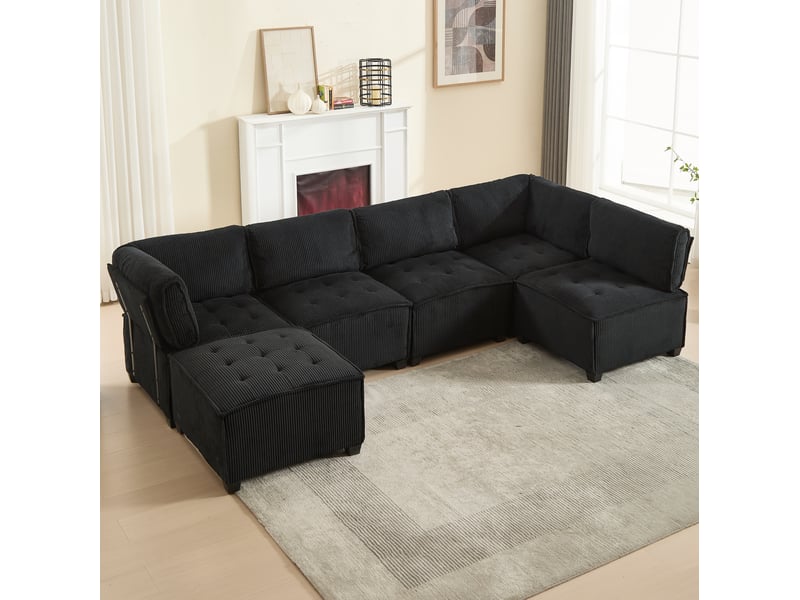  Canapé modulable 6 places en velours côtelé noir  - Conforama W