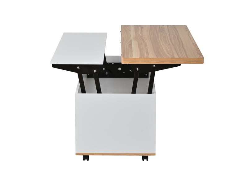  Table basse 100 x 98 x 65 cm, réglable en hauteur, avec rangement dissimulé et étagère, table de salon à roulettes et tiroirs, table à manger multifonctionnelle avec grand espace de rangement, blanc et bois naturel  - Conforama E