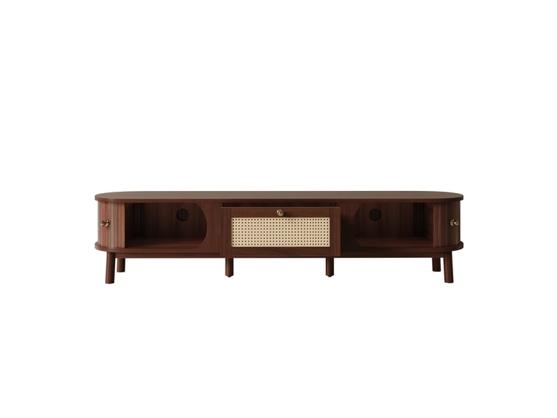  Meuble tv bois massif et rotin 170 cm avec portes coulissantes et tiroirs, style rustique naturel  - Conforama R