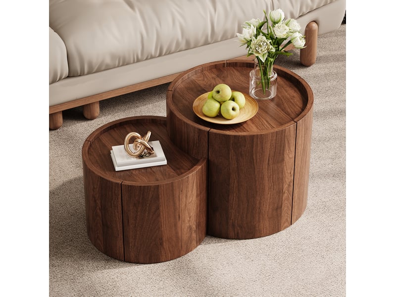  Table basse ronde 77,5 x 47,5 x 40 cm – noyer – rangement intégré, tiroirs et design arrondi  - Conforama B