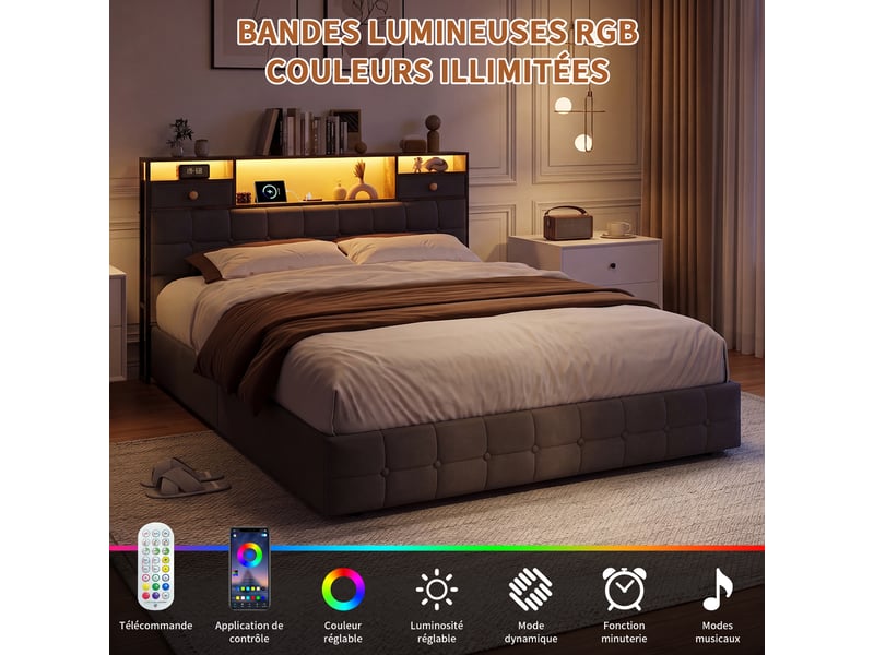  Lit double 160x200 cm avec coffre de rangement,led, usb et type-c, tête de lit de rangement, hydraulique, velours gris  - Conforama W
