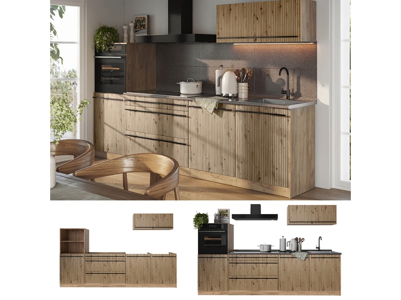 Vicco cuisine, chêne artisanchêne doré, 280cm plan de travail chêne doré - Conforama D