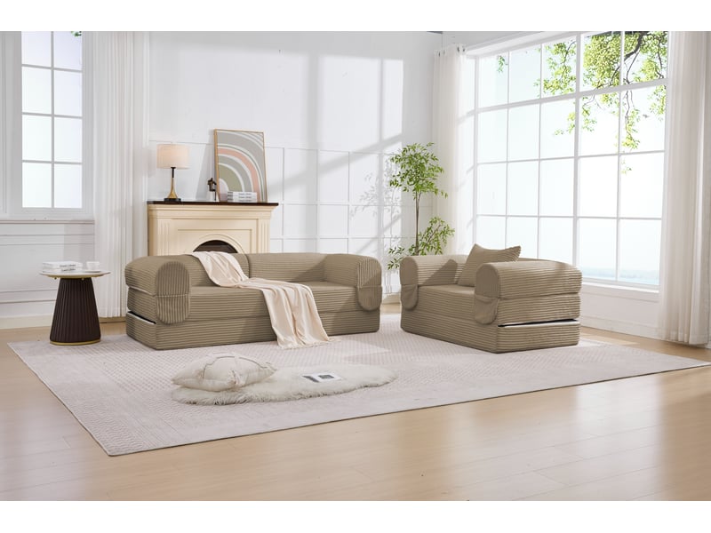 Canapé modulable 2 places avec rangement intégré, canapé d'angle moderne sans cadre en tissu cord côtelé marron pour salon et appartement compact  - Conforama D