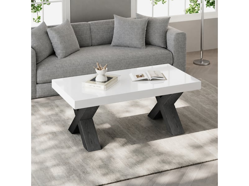  Table basse rectangulaire blanche et noire avec pieds en x, plateau brillant, 100 x 50 x 40 cm  - Conforama D