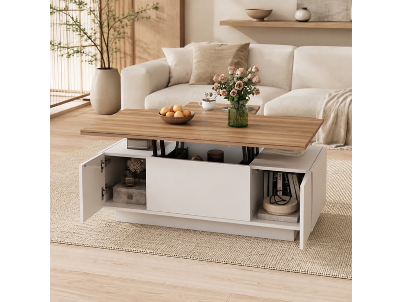 Table basse relevable à double plateau avec 2 portes pour salon en panneaux de particules 100×50×55,5 cm blanc et bois - Conforama B