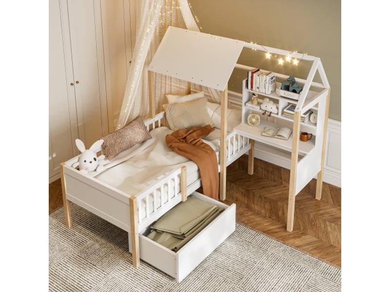 Lit cabane 90x200 cm, lit enfant avec 1 tiroir, bureau en l et bibliothèque, barrière de sécurité, sans matelas, blanc - Conforama B