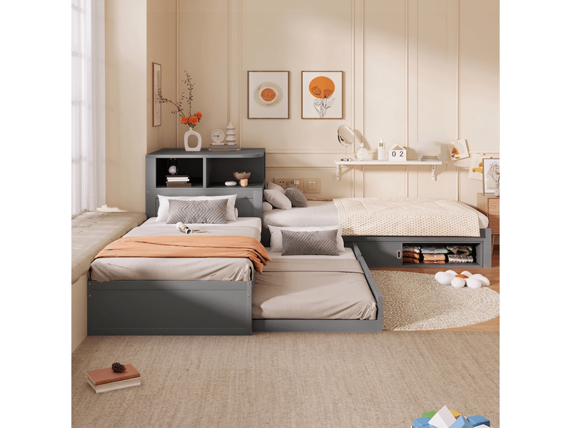 Lit gigogne 90x200 gris plateforme en forme de l avec rangement et veilleuse - Conforama D