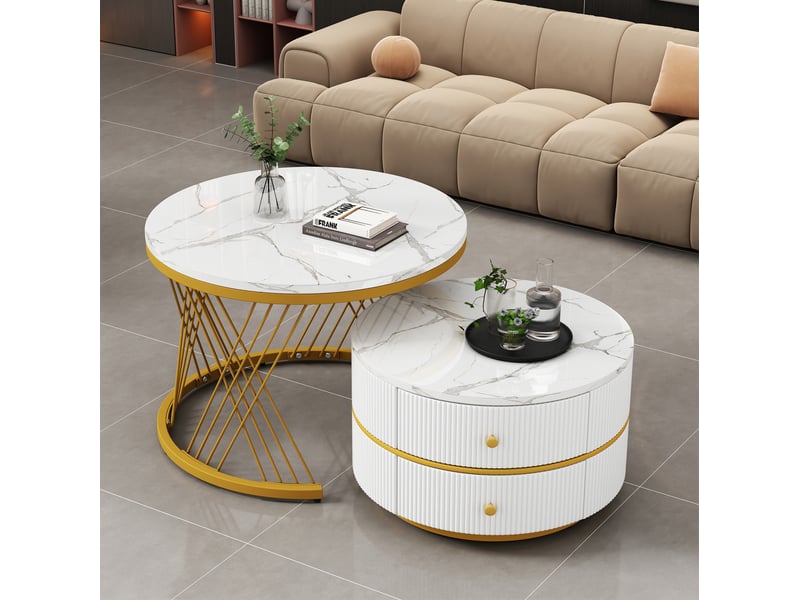  Lot de 2 tables basses gigognes rondes blanches effet marbre avec 2 tiroirs  - Conforama D