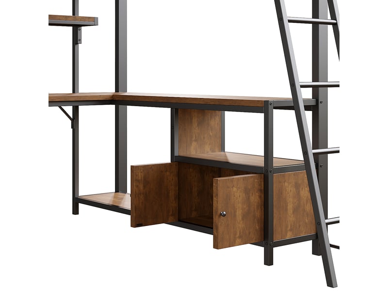  Lit mezzanine 90 × 200 cm, bureau en angle, placard à deux portes, panneau perforé, usb et usb-c, métal et mdf, noir  - Conforama E