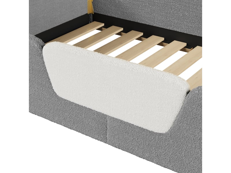  Lit enfant rembourré 90x190 cm en velours gris avec barrière de sécurité amovible, poche de rangement intégrée et design unique Morn Vibe - Conforama E