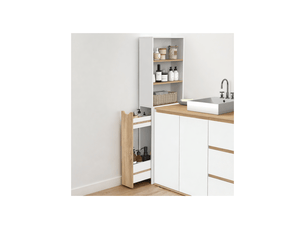 Meuble colonne salle de bain tomi gain de place desserte 2 niveaux avec tiroirs et 3 étagères façon hêtre et blanc