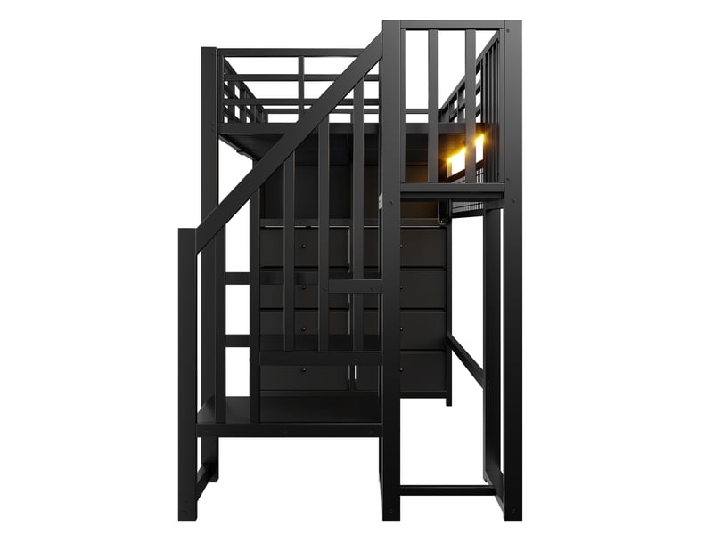  Lit mezzanine 90x200 cm, équipé de rangements en mdf et métal, coloris noir  - Conforama E