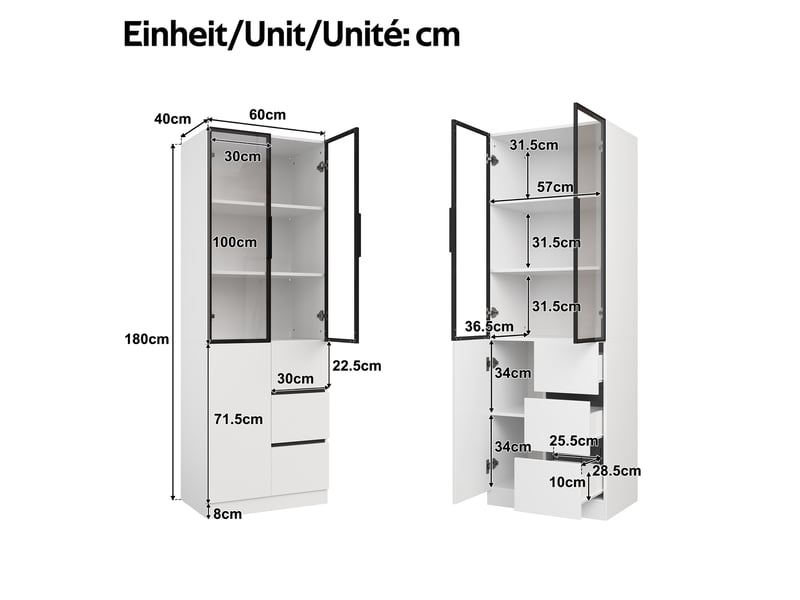  Vitrine blanche à led avec portes vitrées et cadre aluminium, en panneaux de particules, 60 × 40 × 180 cm, pour salon  - Conforama C