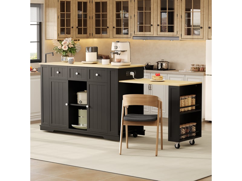 Desserte de cuisine 2 portes 2 tiroirs avec table extensible et roulettes 138×55×93 cm noir naturel  - Conforama B