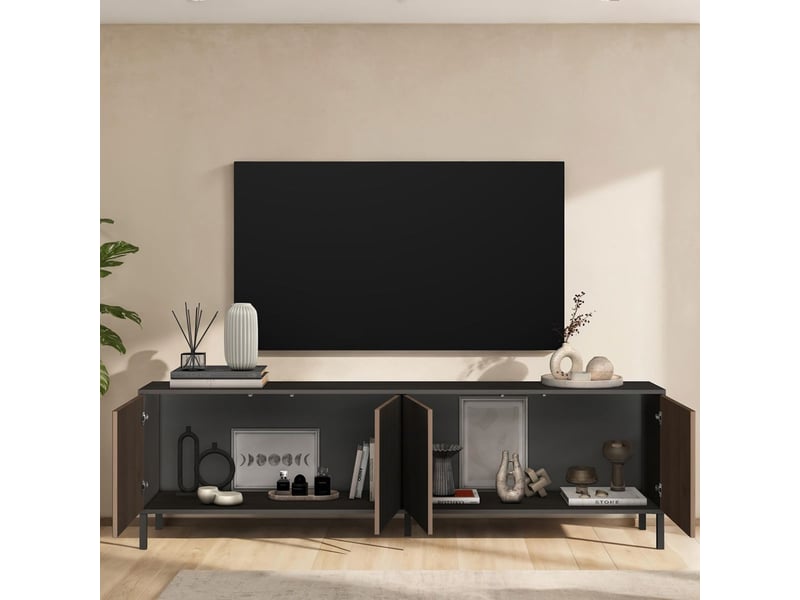  Meuble tv gris lave et aspect bois relief effet tasseaux pieds métal - ticoria TICORIA - Conforama D