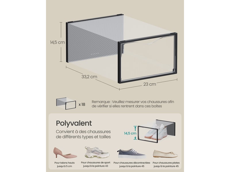 Boîtes à chaussures, organisateurs en plastique, avec porte, lot de 18, empilables, montage facile, 33,2 x 23 x 14,5 cm, pour pointure jusqu'à 43, transparentes et noir d'encre  - Conforama E