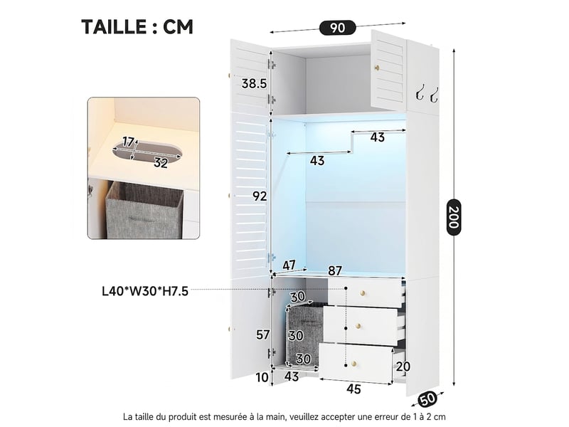  Armoire 6 portes blanche en mdf avec 5 tiroirs et 2 penderies 180x200 cm  - Conforama W