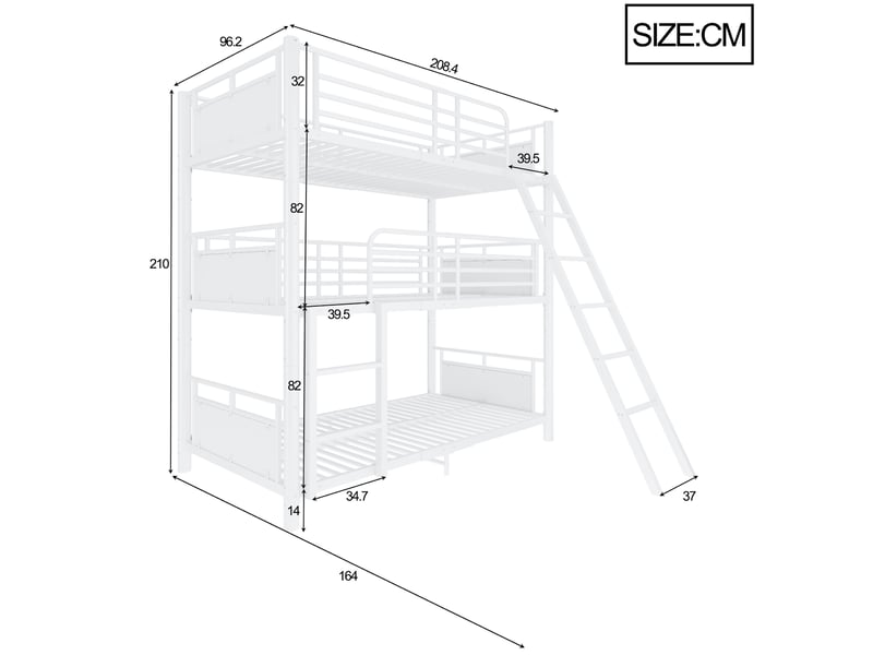  Lit superposé enfant 90 × 200 cm 3 places avec 2 échelles et barrières, sans matelas, métal et bois blanc  - Conforama D