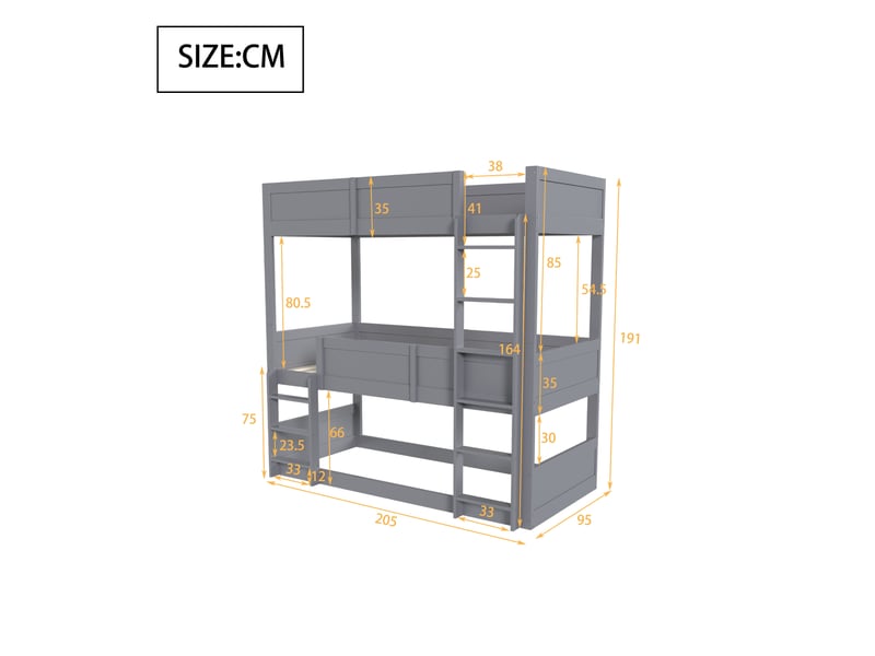  Lit superposé enfant 90x200 cm – gris – 3 couchages modulables avec barrières hautes - sans matelas  - Conforama C