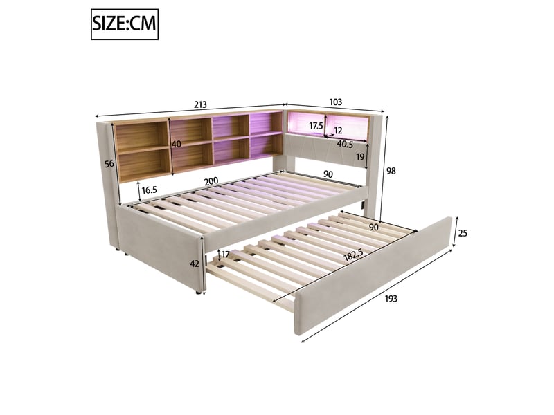  Canapé-lit 90x200 cm + gigogne 90x190 cm avec led et prises, flanelle gris clair, sans matelas  - Conforama C