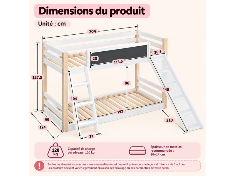  Lit superposé enfant 90x200 cm bois et panneaux, avec toboggan, escalier et barrières de sécurité, sans matelas  - Conforama C