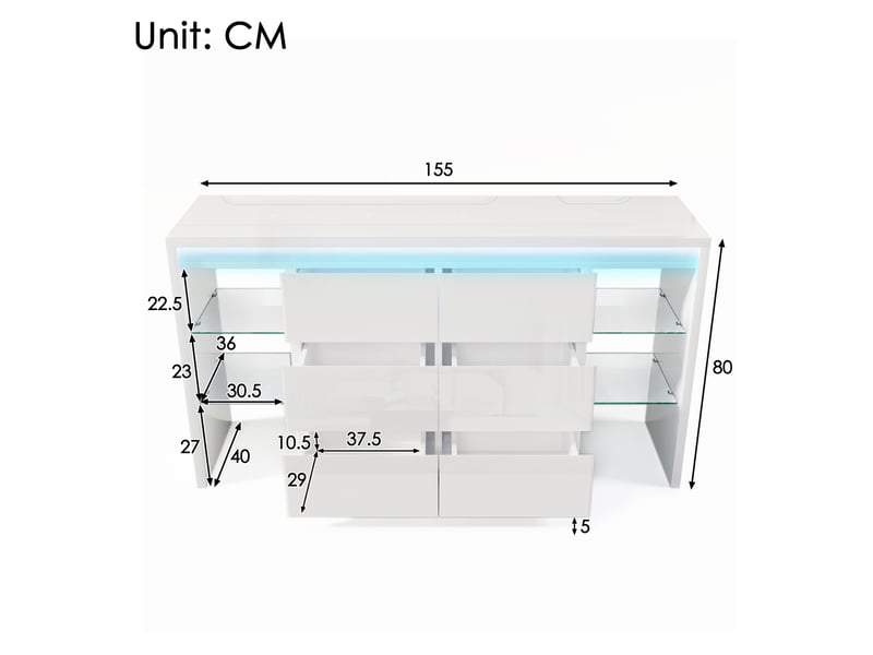  Buffet 6 tiroirs et 4 étagères en verre led blanc brillant 155x40x80 cm AB20430304W - Conforama C