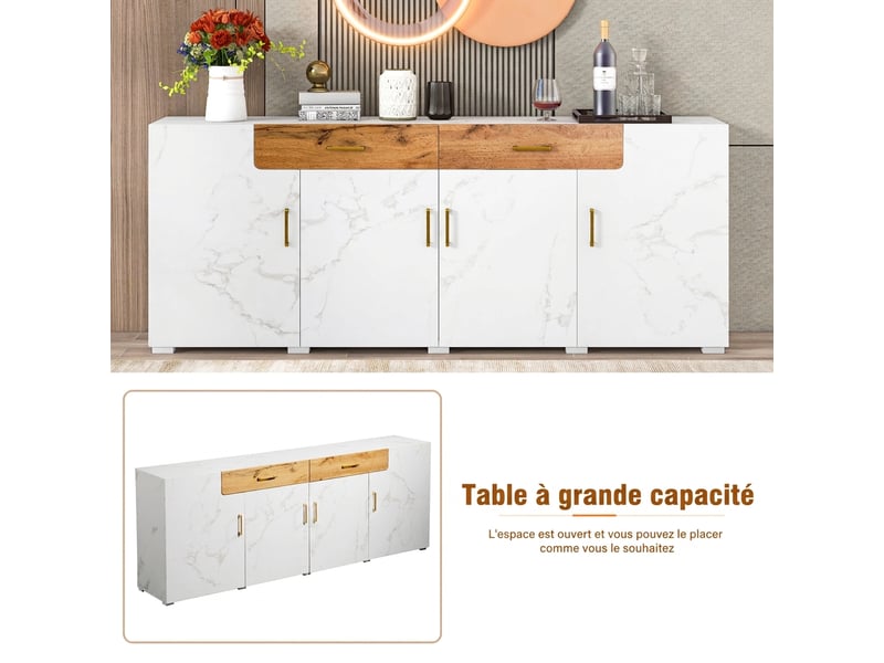  Buffet 4 portes 2 tiroirs blanc marbré meuble de rangement 208 cm pour salon  - Conforama E