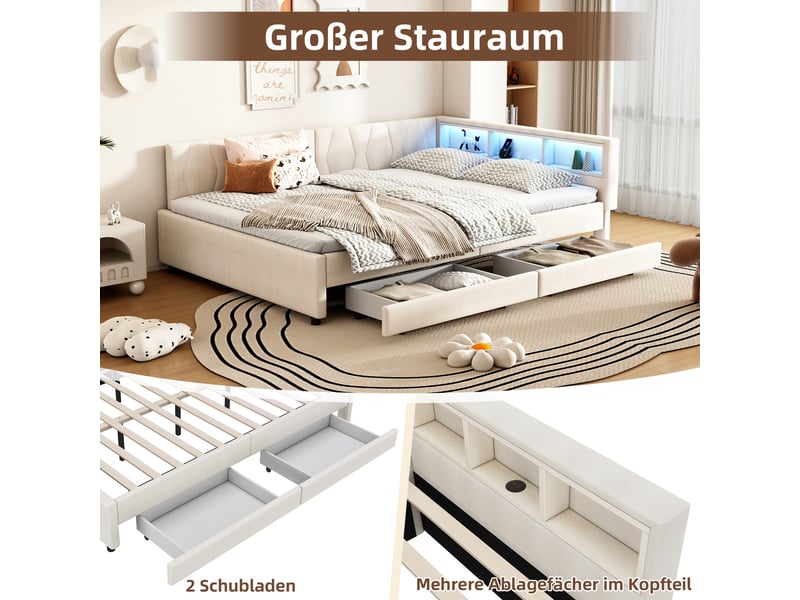  Lit de jour 140x200 canapé-lit en lin beige avec led, ports usb et type-c  - Conforama E