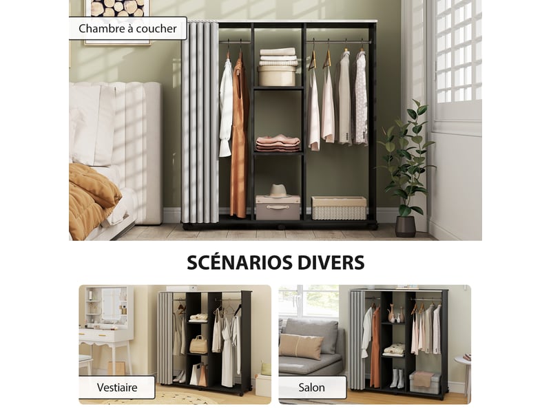  Armoire penderie meuble de rangement mobile 6 roulettes en bois noir 120l x 40l x 128h cm  - Conforama E