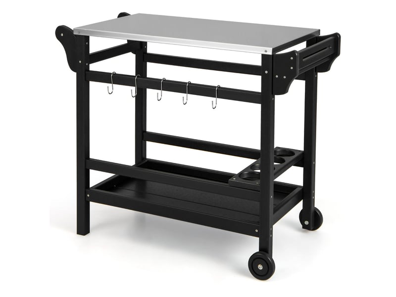  Table roulante de barbecue 105 x 54 x 85 cm avec rangement pratique et roues bidirectionnelles style moderne en acier inoxydable noir 20_0014109  - Conforama A