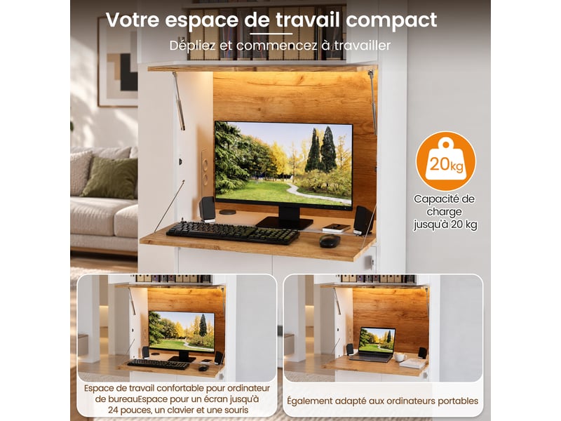  Secrétaire 80x40x180cm avec bureau rabattable, rangements pour dossiers, éclairage LED, niche pour animal et griffoir, finition blanc vieilli  - Conforama E