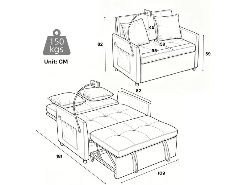  Canapé-lit pliant 1 place modenvie en tissu vert avec port usb et porte-tablette, 109 x 72 x 83,5 cm  - Conforama C
