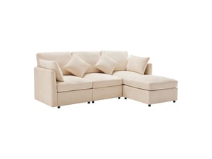 Canapé d’angle modulable 34 places en l 216x161x81 cm avec pouf amovible, 4 coussins, canapé en tissu chenille - beige